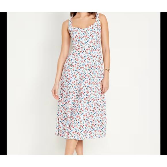 Old Navy Fit & Flare Linen-Blend Midi Dress Americana Floral Smocked Womens XLP - Picture 1 of 9